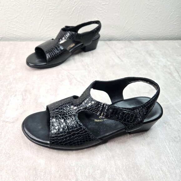 SAS Shoes - SAS Low Heeled Sandals 10.5 Black Croc Leather Open Toe Comfort Casual Slingback